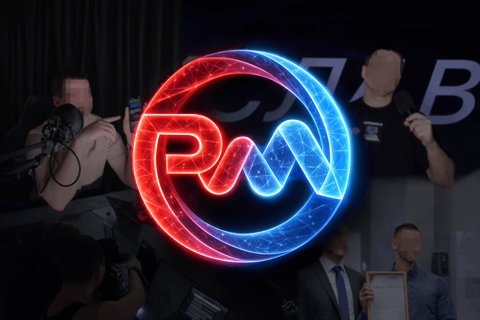 A lightened collage showing blurred tech event and workplace scenes, with a large red-and-blue glowing PWN logo centered over the image