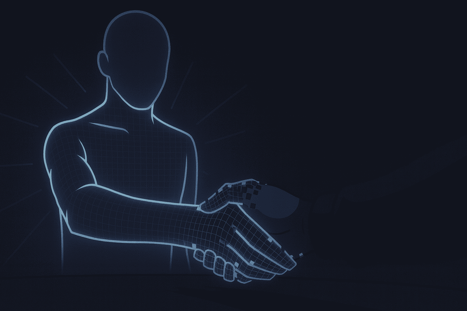 An image of a handshake with an intangible pixelated blob resembling a human being, symbolizing the establishment of close contact between AI and humans