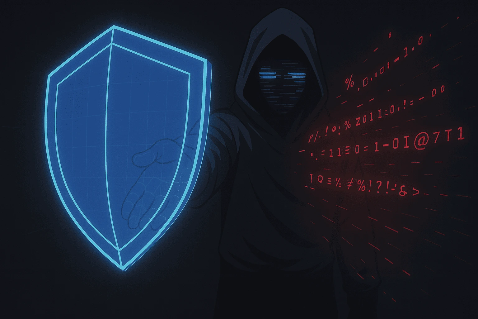 An image of an extortionist with an outstretched hand blocked by a shield. The shield symbolizes us